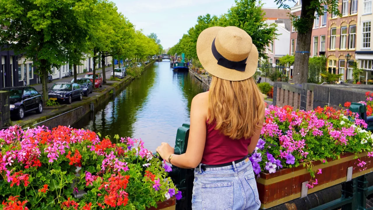 tourism in holland back view of beautiful fashion girl between