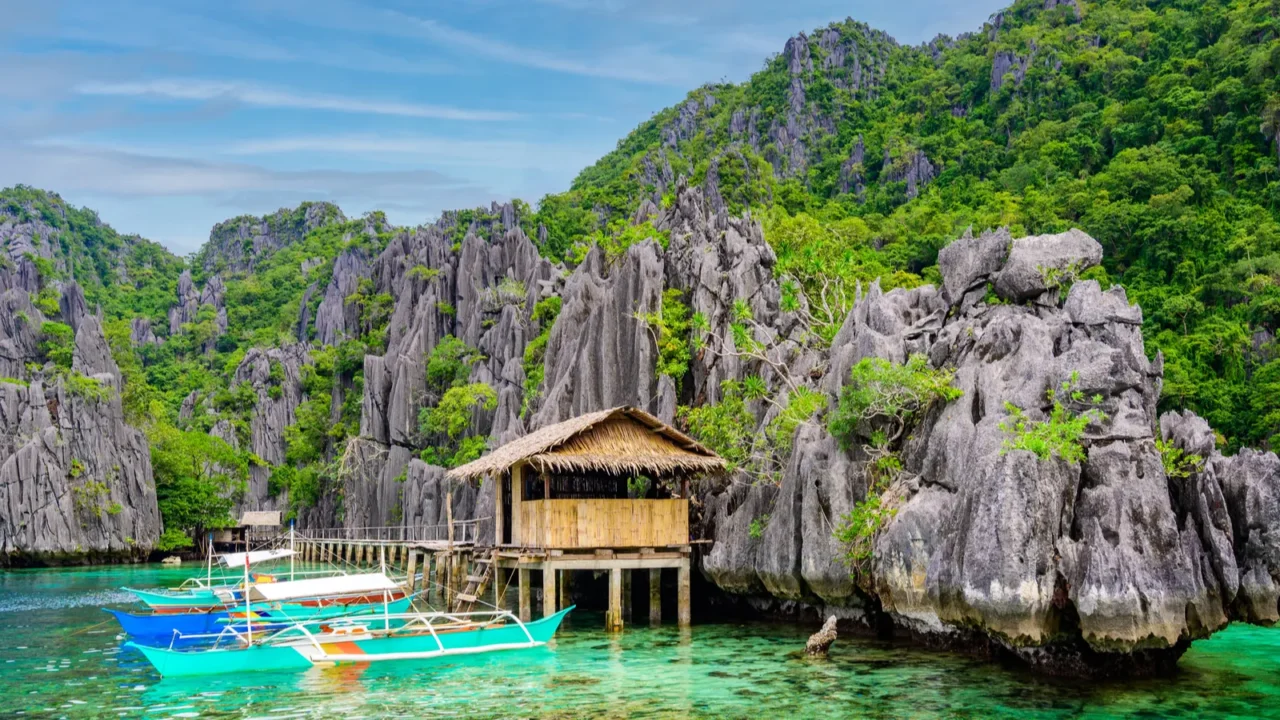 twin lagoon on paradise island with sharp limestone rocks tropical