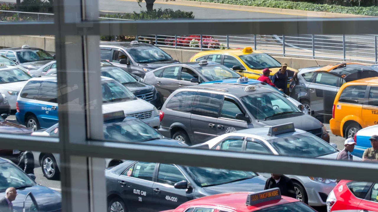view of the taxi line out an airport window