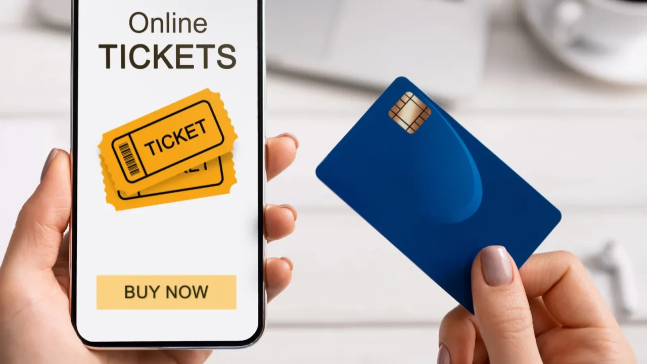 woman holding smartphone with online tickets app and credit card