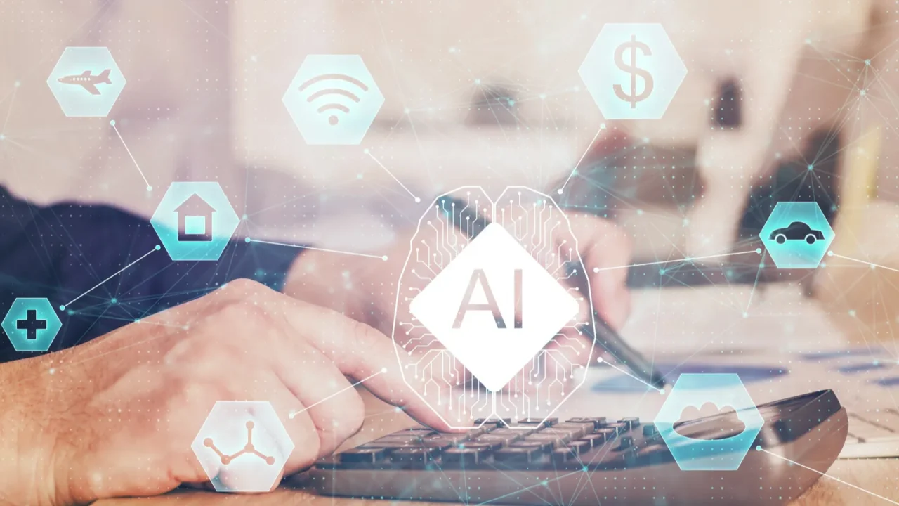 writing mans hand with technology ai icons