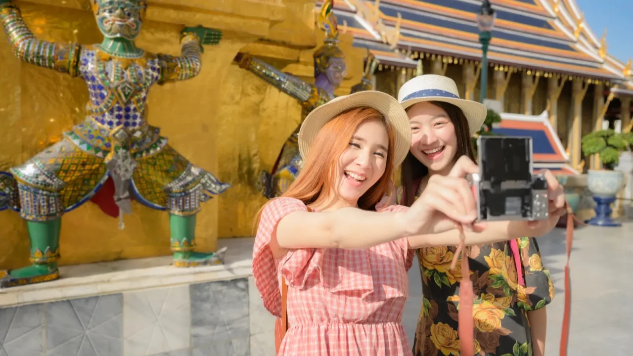 young tourist women in taking selfie picture enjoy travel in