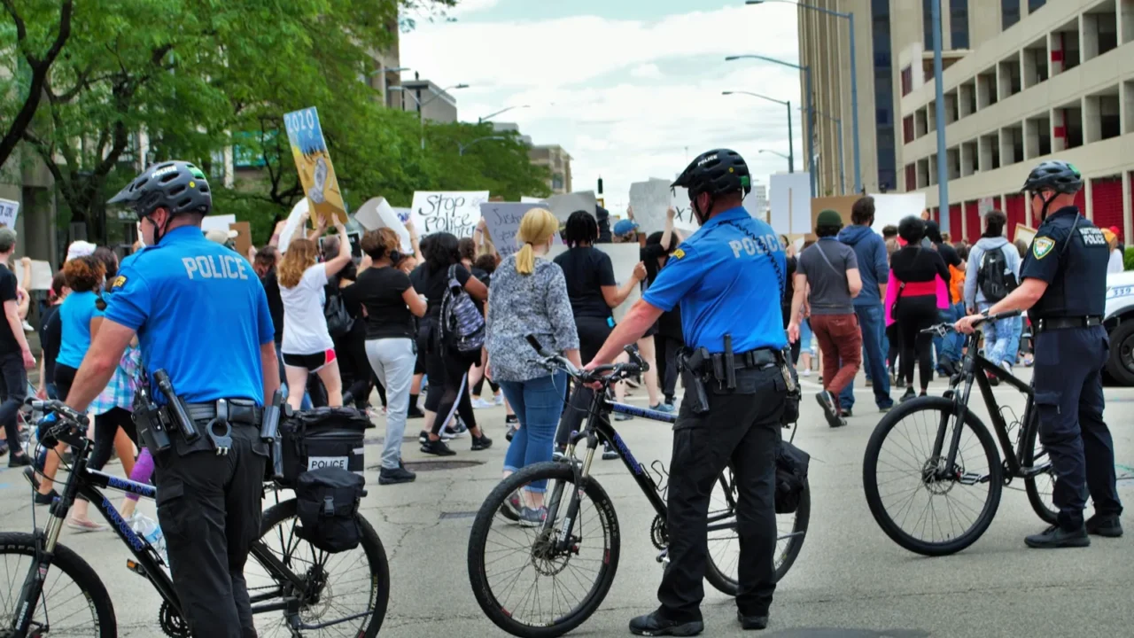 dayton ohio united states 05302020 police officers controlling the crowd