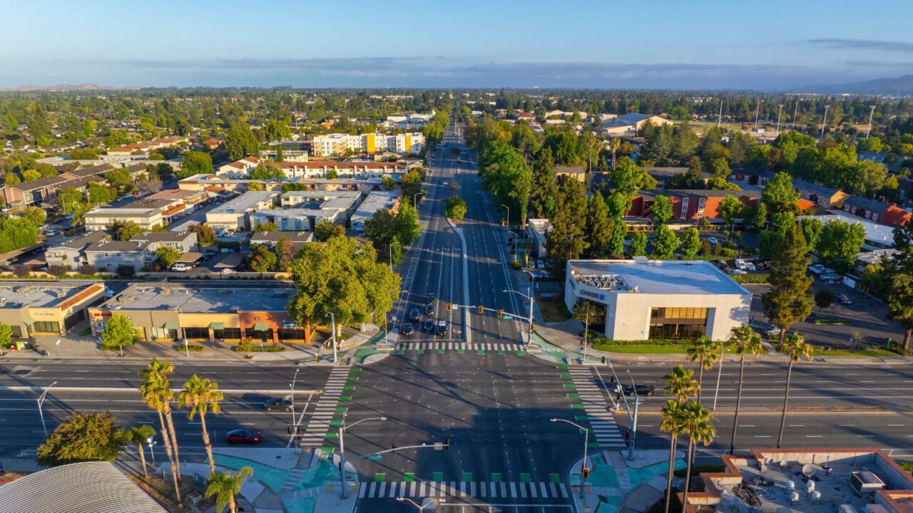 Aerial view of a residential neighborhood on a sunny day, Fremont, east San Francisco bay area, California.