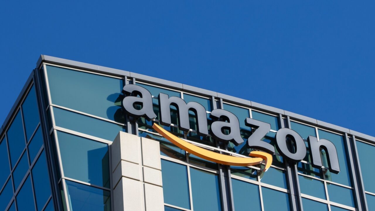 Sunnyvale, CA, USA - Nov 24, 2023: Amazon logo is seen at the company's Sunnyvale office in the Silicon Valley, California. Amazon.com, Inc. is an American multinational technology company.