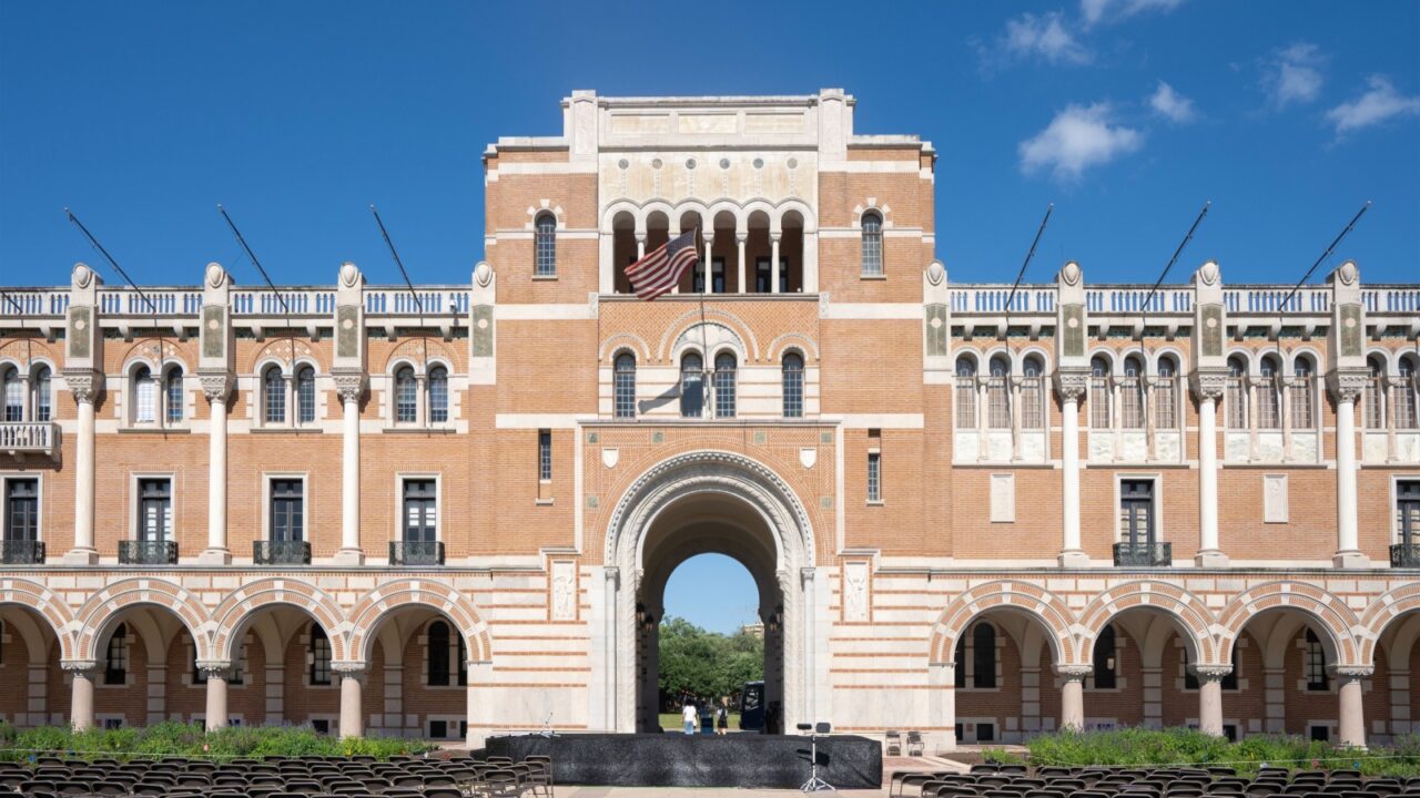 Houston, TX, USA - Apr 13, 2025: Front view of Lovett Hall, the administration building in the academic quad and the iconic centerpiece of Rice University, seen on Owl Days 2025, in Houston, Texas.