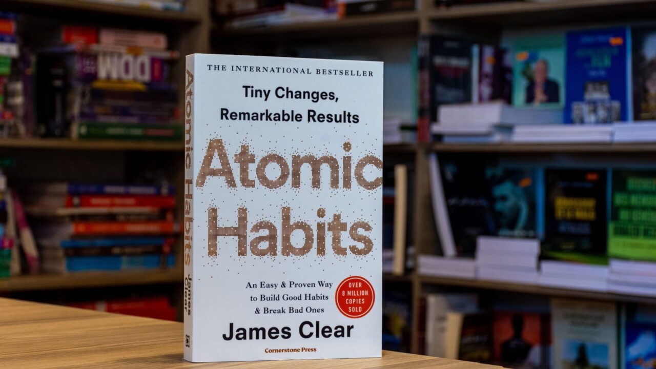 Setif, Algeria - October 07, 2023: Close-up of James Clear's Atomic Habits book in the bookshop.