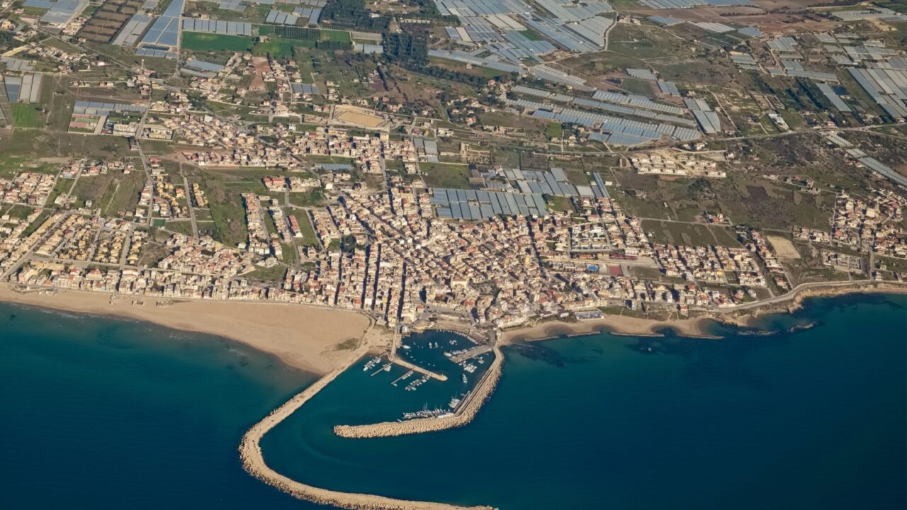 Italy, Sicily; aerial view of the South Eastern sicilian coastline and Scoglitti town (Ragusa Province)