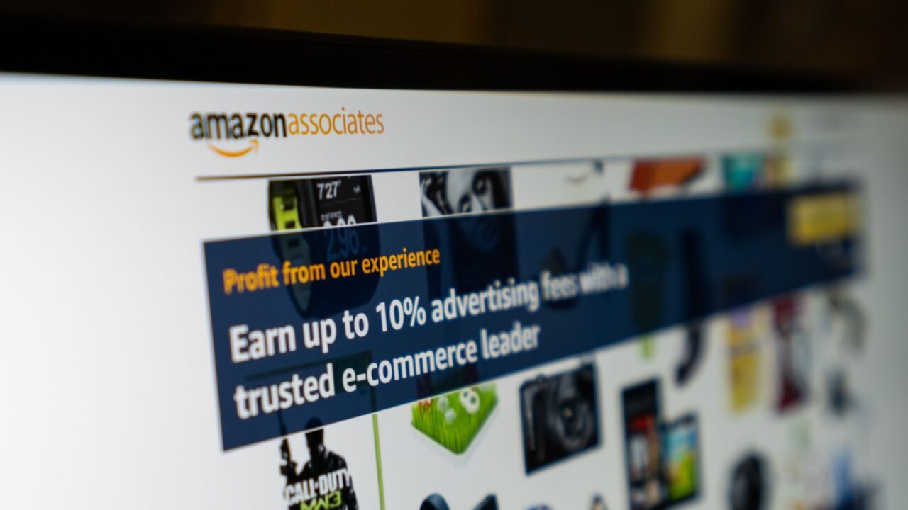 Woodbridge, VA / USA - September 13 2018: Amazon associates advertising ads digital marketing on social media. Make internet sales on app and online to promote sales growth and make money.