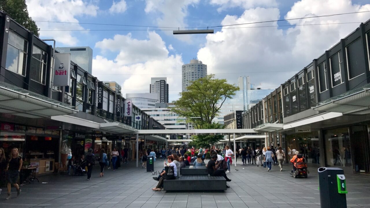 ROTTERDAM, Netherlands - August 9 : Street view of shopping center with a lot of people in Rotterdam on August 9, 2017, in Netherlands.