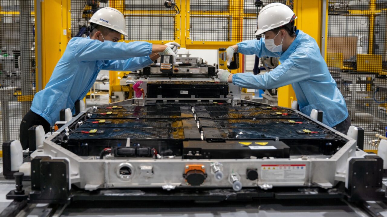 inside a electric vehicle battery pack shop at a VinFast factory in Haiphong, Vietnam on Saturday, Dec. 25, 2021.