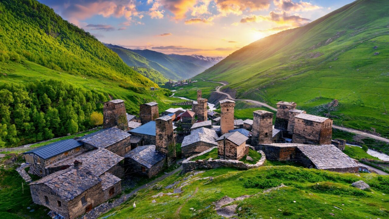 Ushguli village at sunset in Svaneti, Georgia.