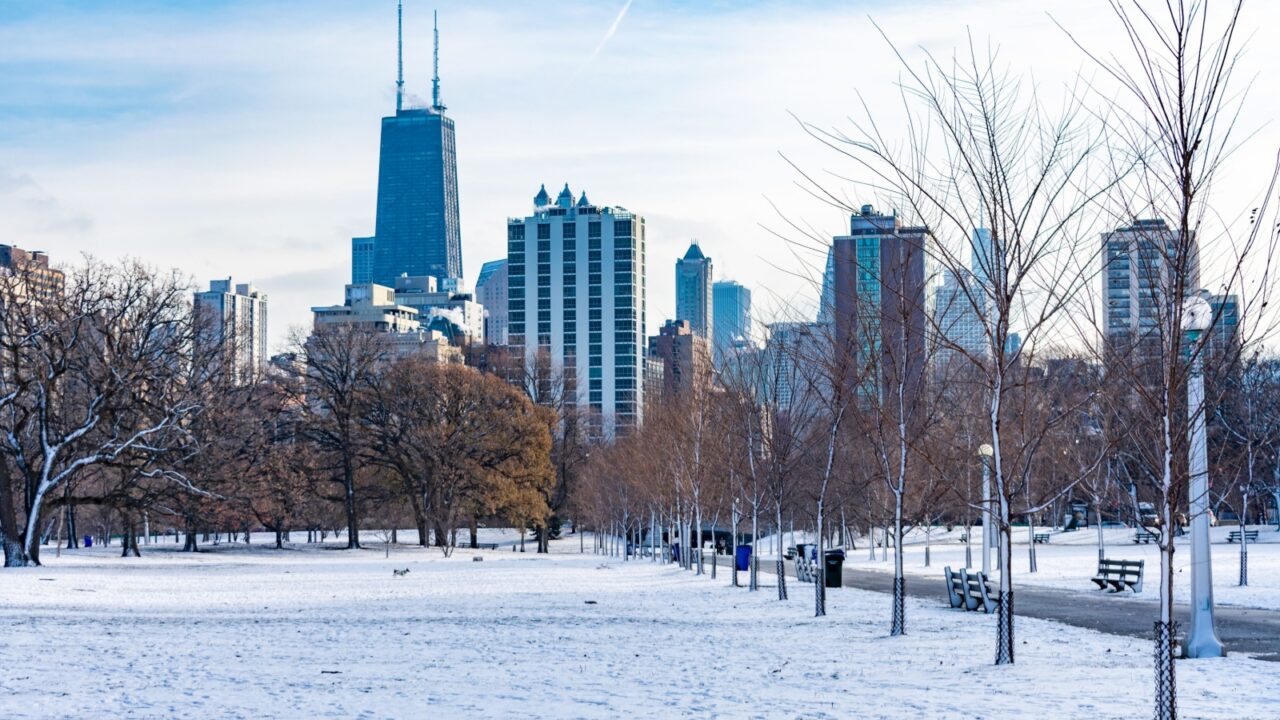 Snow Covered Park in Chicago with Skyline