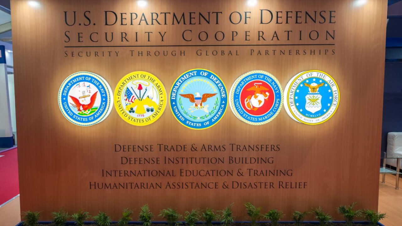 FARNBOROUGH, UK - JULY 20: Office partition wall for the US Department of Defense with combined military emblems at a trade event in Farnborough, UK on July 20, 2018