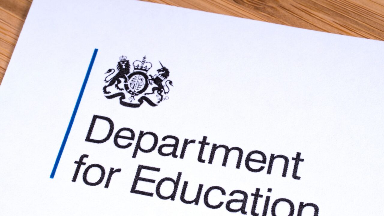 London, UK - March 12th 2019: Logo of the Department for Education, pictured on a leaflet. The DfE is a department of the UK Government responsible for child protection, education, apprenticeships etc