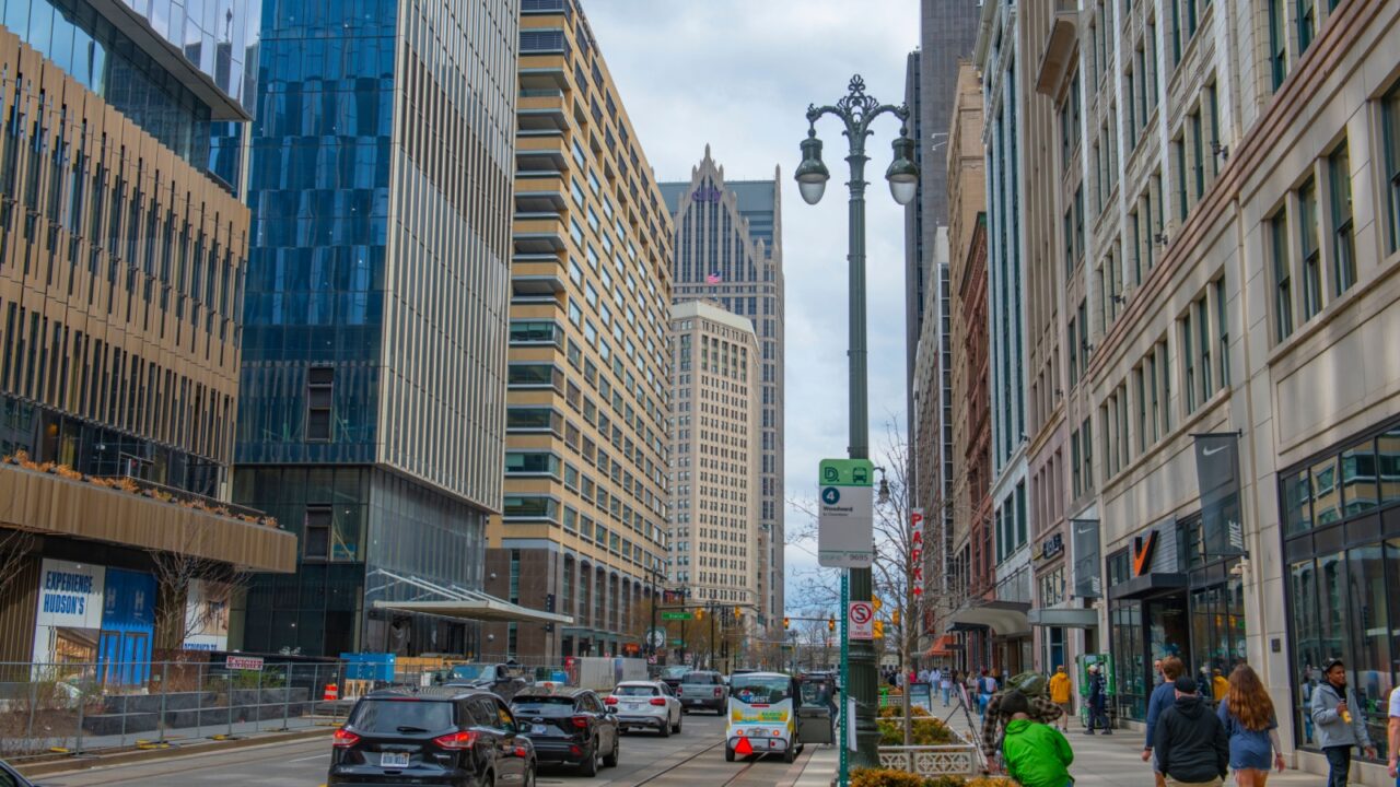 DETROIT, MI, USA - APR. 19, 2025: Woodward Avenue with modern buildings in downtown Detroit, Michigan MI, USA.