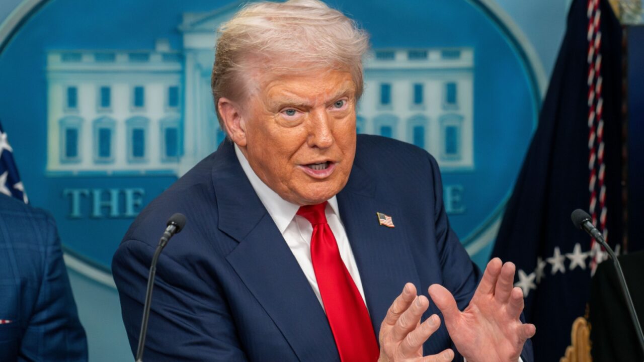 Washington DC, United States, August 11 2025: President Donald Trump holds a press briefing with government officials to announce he is invoking the Home Act