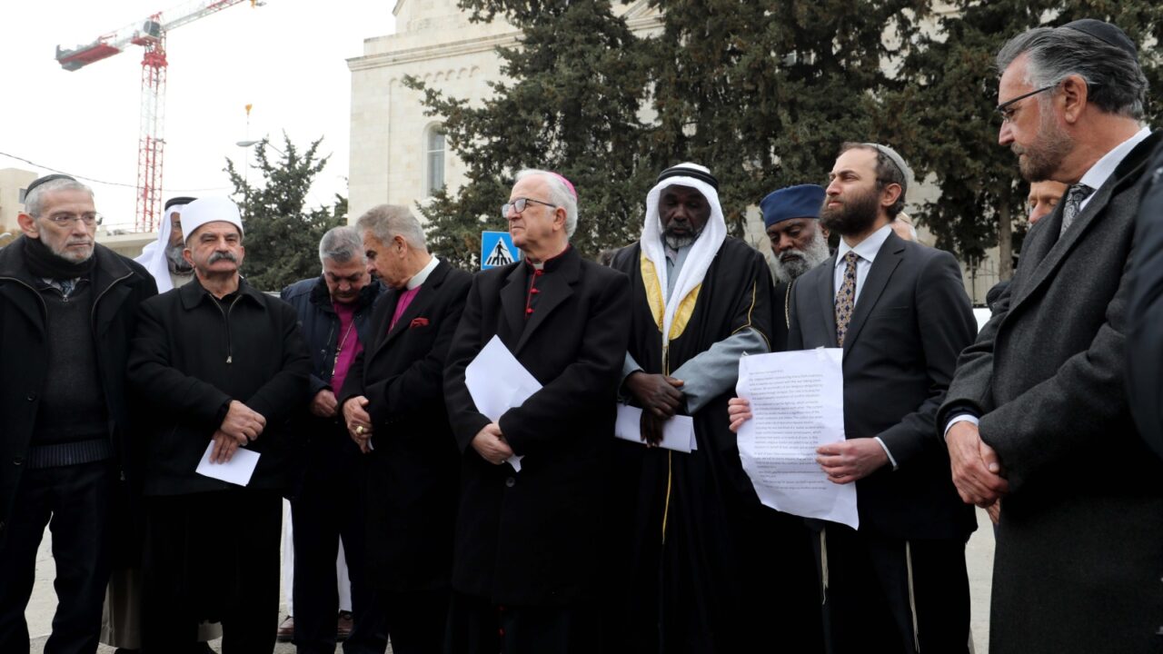 Jewish, Muslim, Christian and Druze religious leaders gather in Jerusalem’s Moscow Square to call for peace in Ukraine- Russia war, on March 21, 2022.
