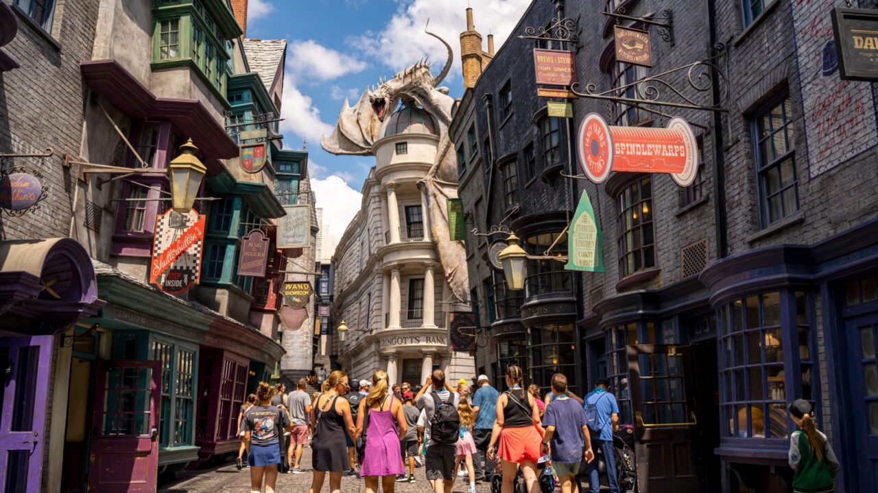 Orlando, FL, USA - June 25, 2025: Visitors Explore Diagon Alley at The Wizarding World of Harry Potter, Universal Studios Orlando