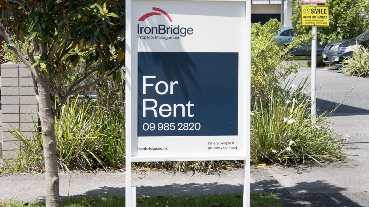 For Rent sign, IronBridge real estate property management. Auckland, New Zealand - January 27, 2025