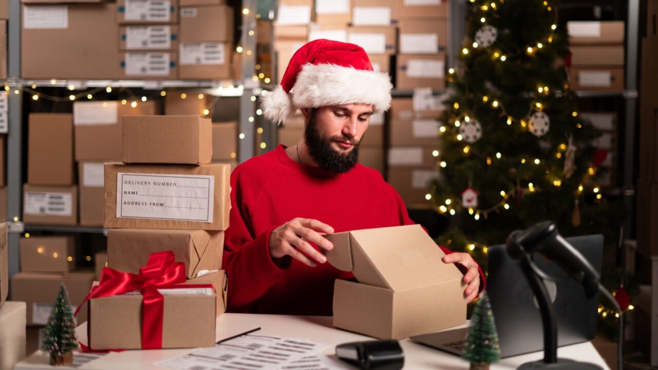 Male online store small business owner seller packing package post shipping box preparing delivery parcel on table. E-commerce service concept. Copy space