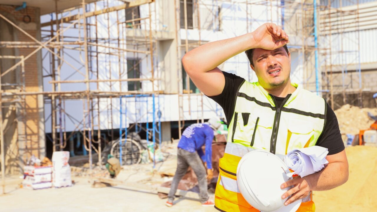 Foreman working outdoors condominium construction project exhausted from the hot weather and thirsty tired dizzy headache is dehydrated and wants to drink water suffer dehydration heatstroke.