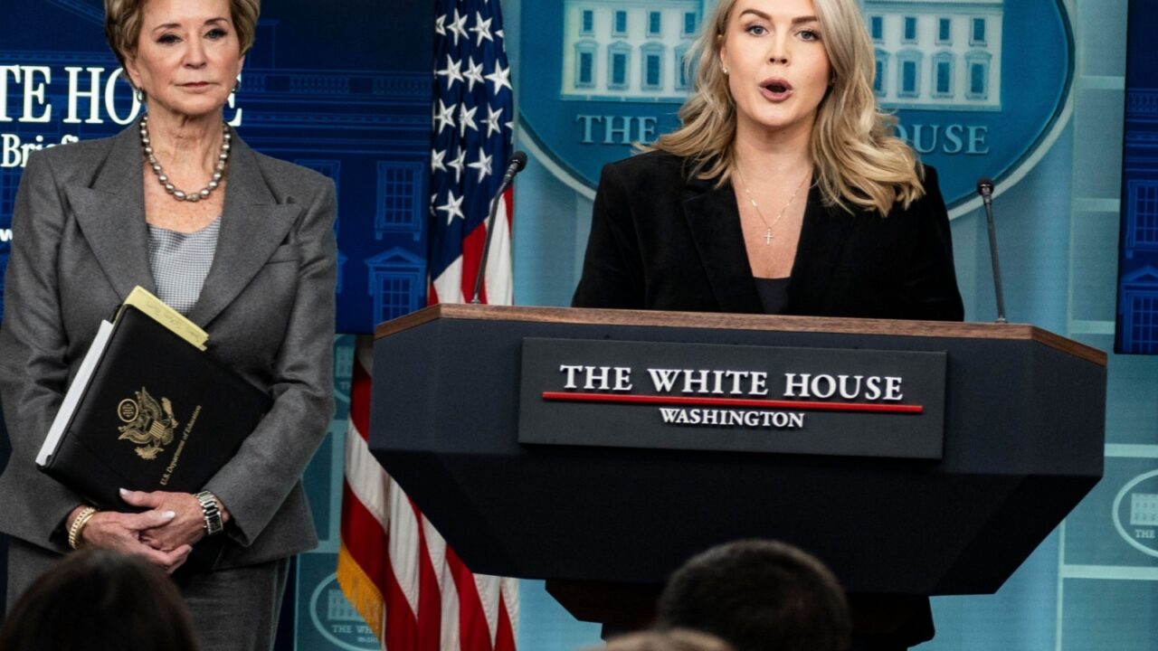 US Secretary of Education Linda McMahon (L) White House Press Secretary Karoline Leavitt speak during the daily briefing in Washington, DC, on November 20, 2025