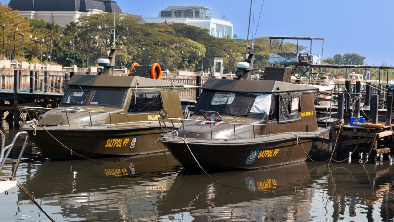 Ancol, north jakarta Indonesia-July 13, 2023 : Indonesian government patrol boat anchored at marina pier