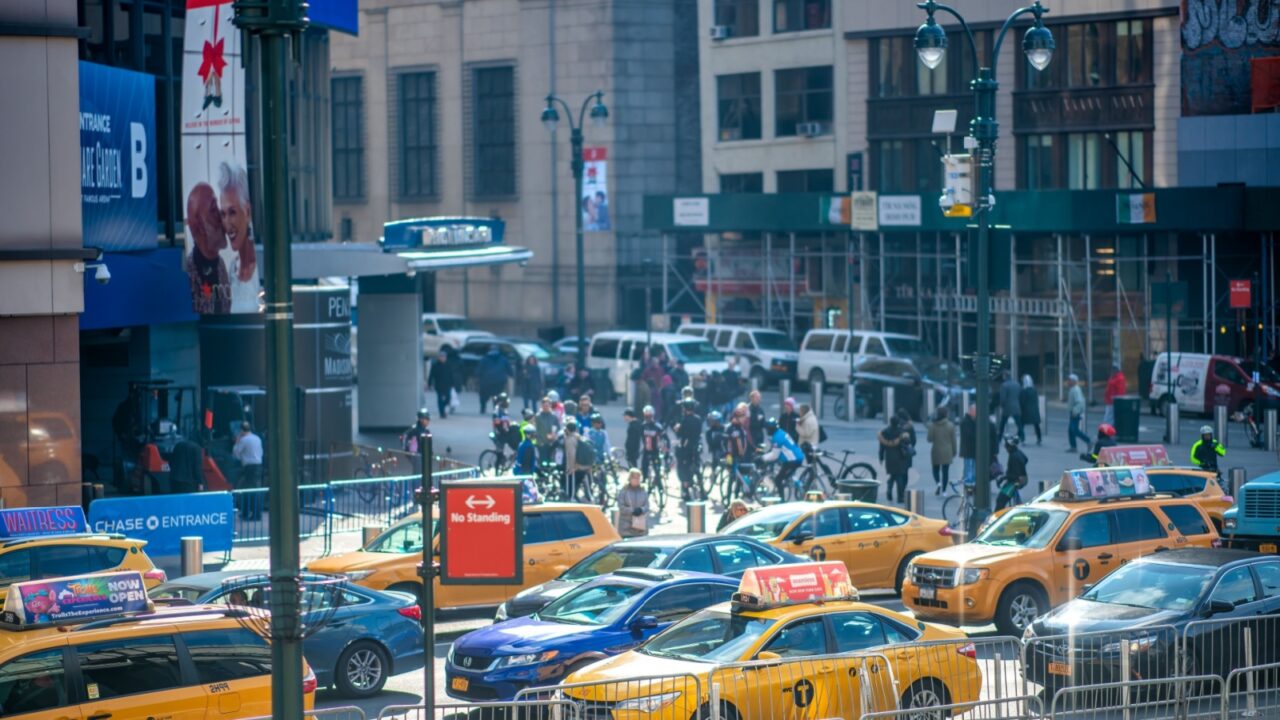 New York City - December 1, 2018: Taxi yellow cabs in Times Square.