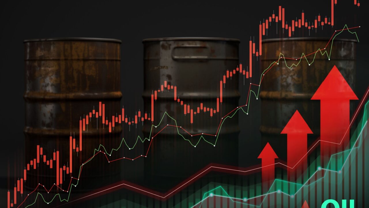 Rusty oil barrels with stock market chart overlay indicating rising oil prices