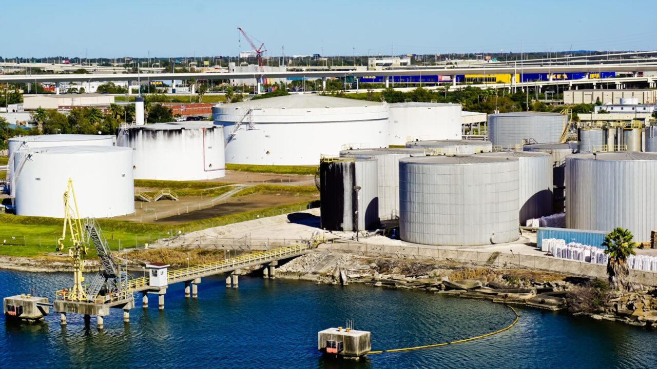 Florida, United States-January 25, 2020: Crude oil tanks at port of Tampa Bay