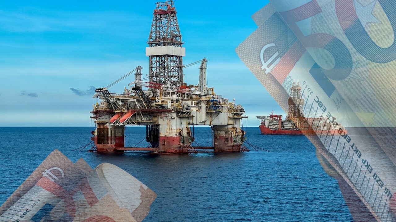 Offshore oil and gas drilling platform, semi-submersible oil rig, offshore extraction platform, Euro banknotes overlaid. Global energy market instability 2026, energy crisis, price