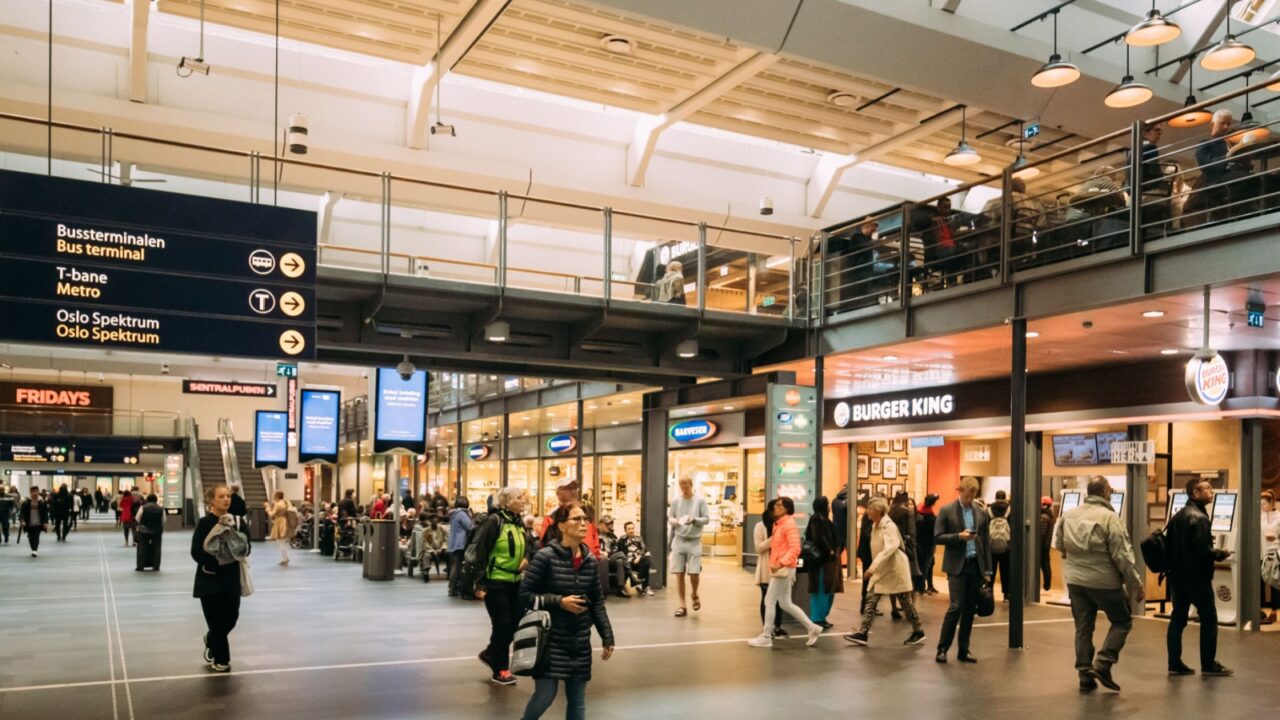 Oslo, Norway - June 12, 2019: People Visiting Oslo Central Station Railway Station.