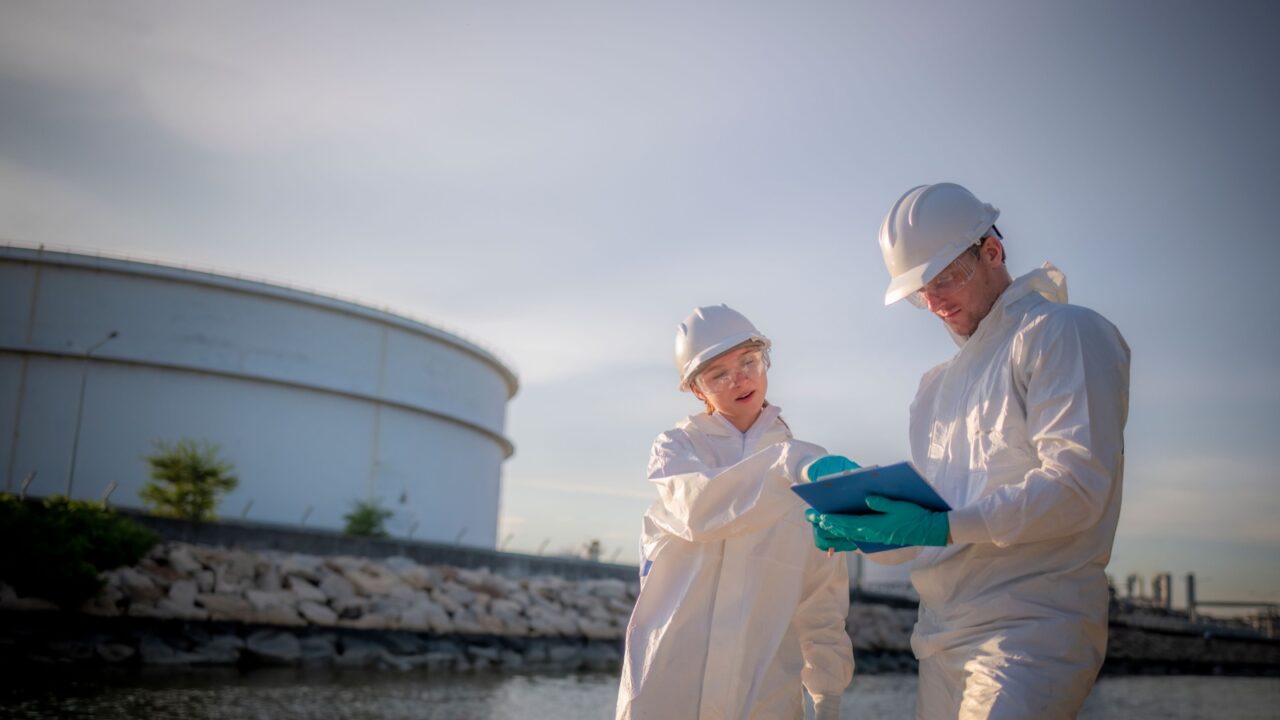 Scientist factory wearing protective uniform and glove under working water analysis and water quality by get waste water to check case in laboratory is environment pollution problem concept.