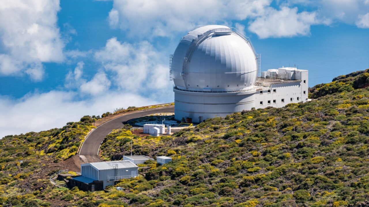 Astronomical telescope at the summit of Roque de los Muchachos, La Palma, Canary Islands.