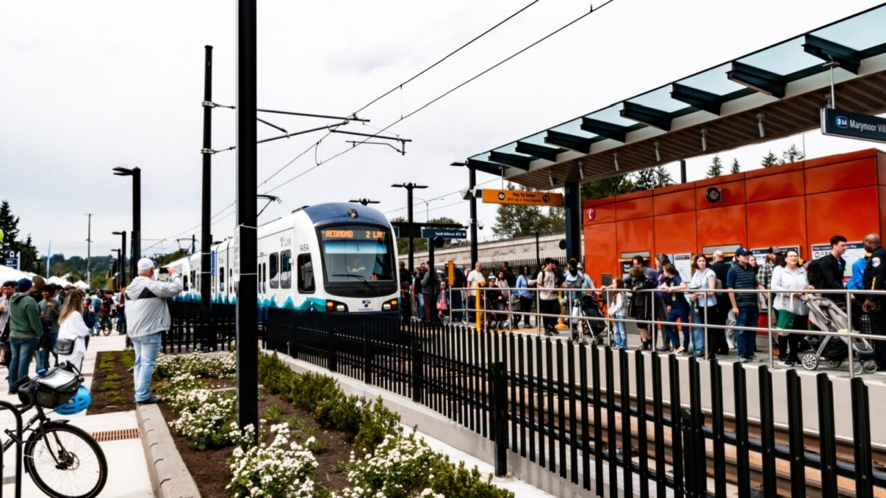 Redmond, Washington, USA - May 10, 2025 - Souls Waiting to Board Sound Transit Link at Marymoor Village Station On Opening Day