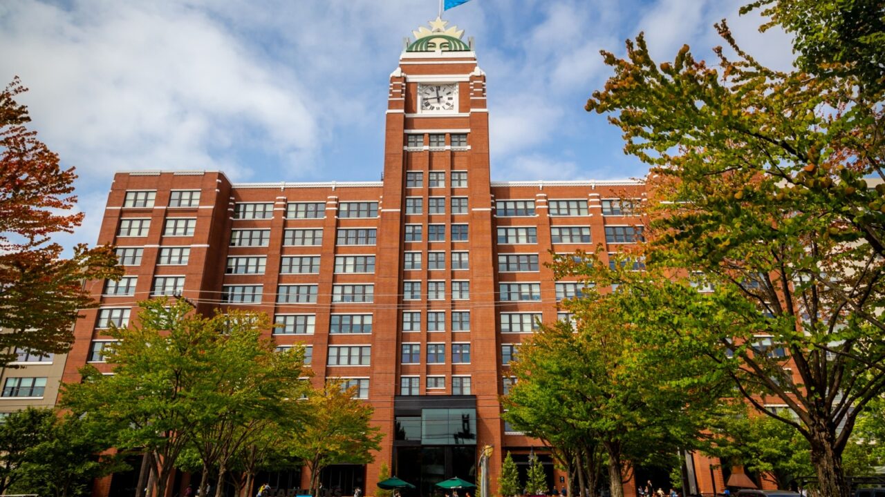 Seattle, Washington / USA - August 17th 2018: a shot of the historic Starbucks Center the world headquarters to the coffee chain Starbucks located in the SoDo neighborhood district of downtown Seattle