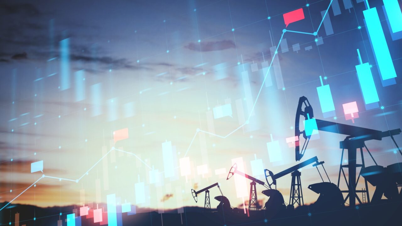 Creative oil pumping background with growing forex chart hologram. Financial growth, market and trade concept. Double exposure