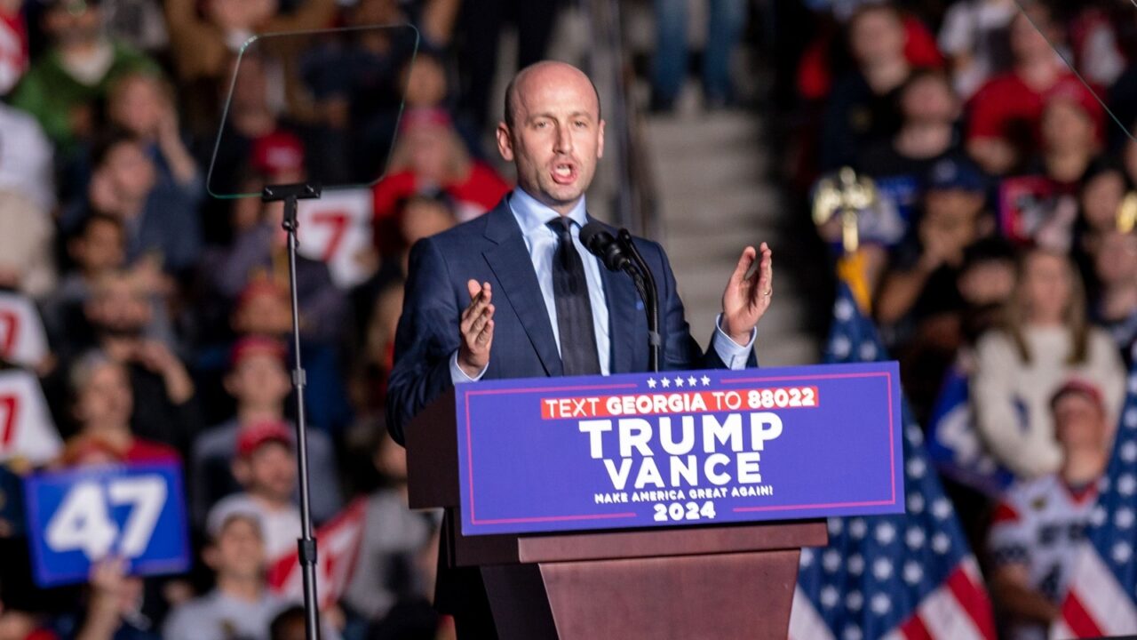Atlanta, Georgia, USA, October 28, 2024: Stephen Miller, a Trump political advisor, speaks before former President and 2024 Republican presidential nominee, attends a rally at Georgia Tech, Atlanta.