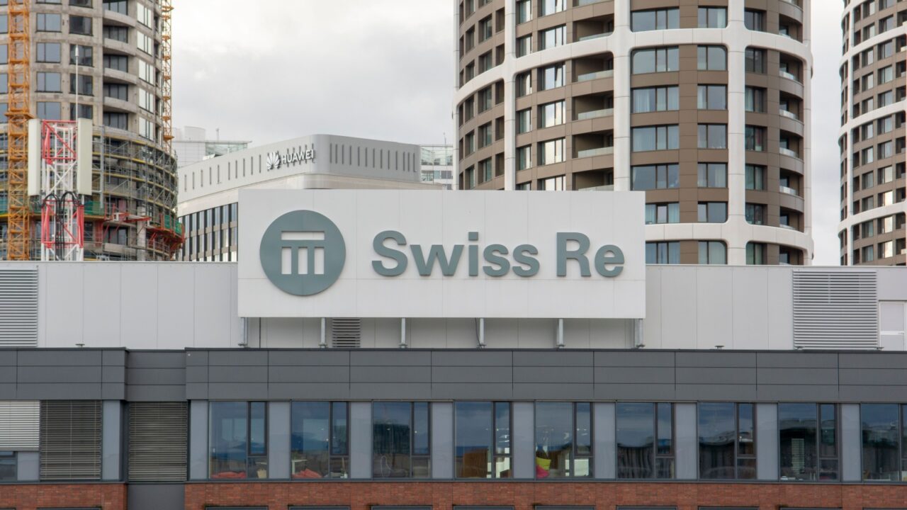 Bratislava, Slovakia - February, 19, 2023 : the logo of the brand "Swiss Re". Swiss Re, is a reinsurance company based in Zurich, Switzerland.