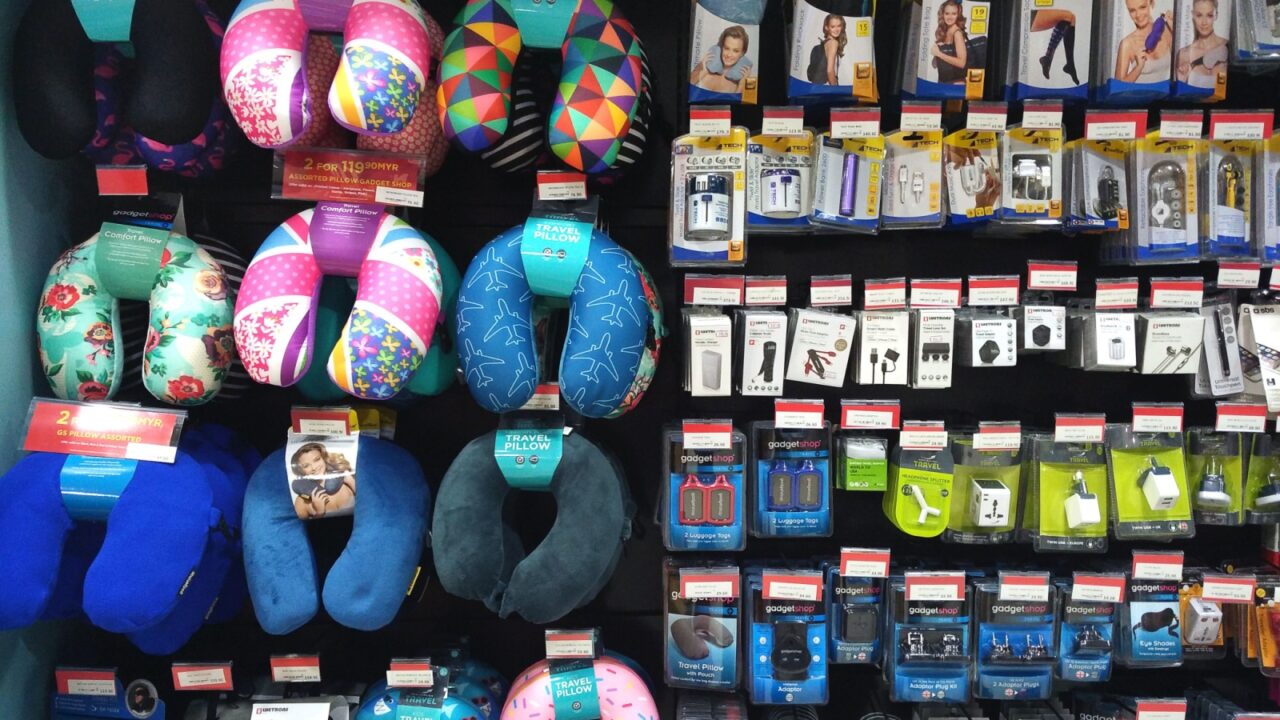 PNANG, MALAYSIA - JUNE 9,2017: Travel accessories at convenience store in Penang International Airport.
