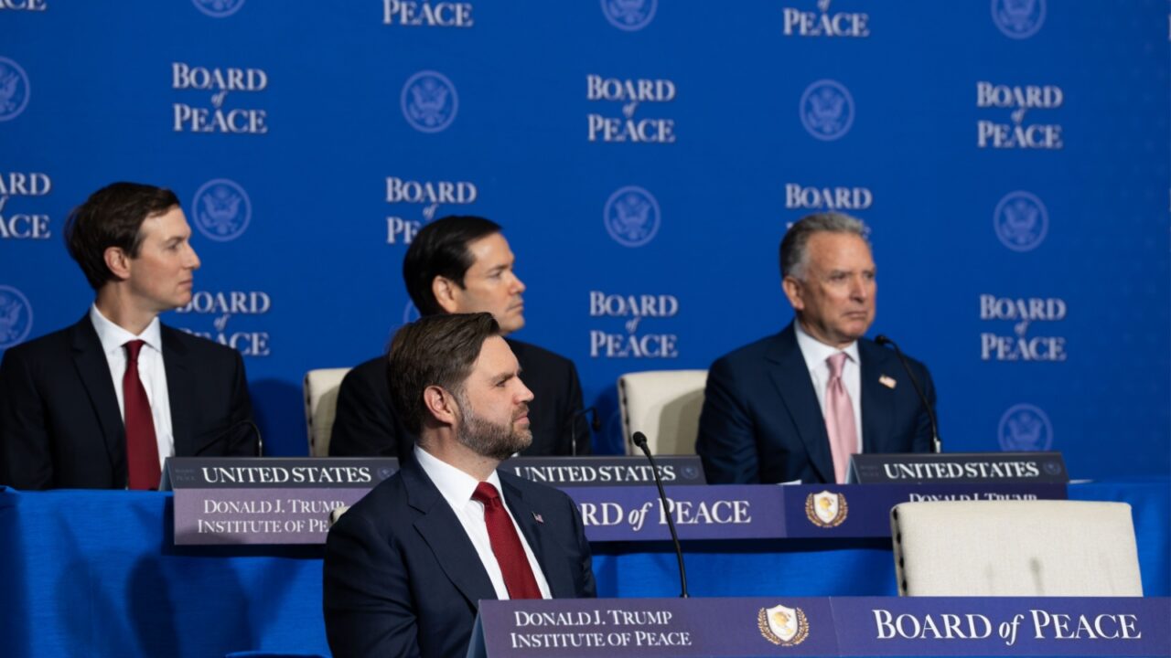 United State of America, Washington DC 19 February 2026.The Board of Peace is presented as an international conceptual organization associated with former U.S. President Donald Trump, symbolising leadership, diplomacy, and efforts toward global dialogue. photo with JD Vance at Board of Peace