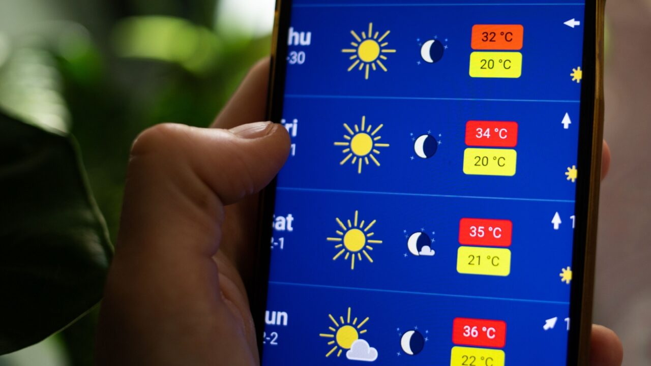 person checking weather app summer heat