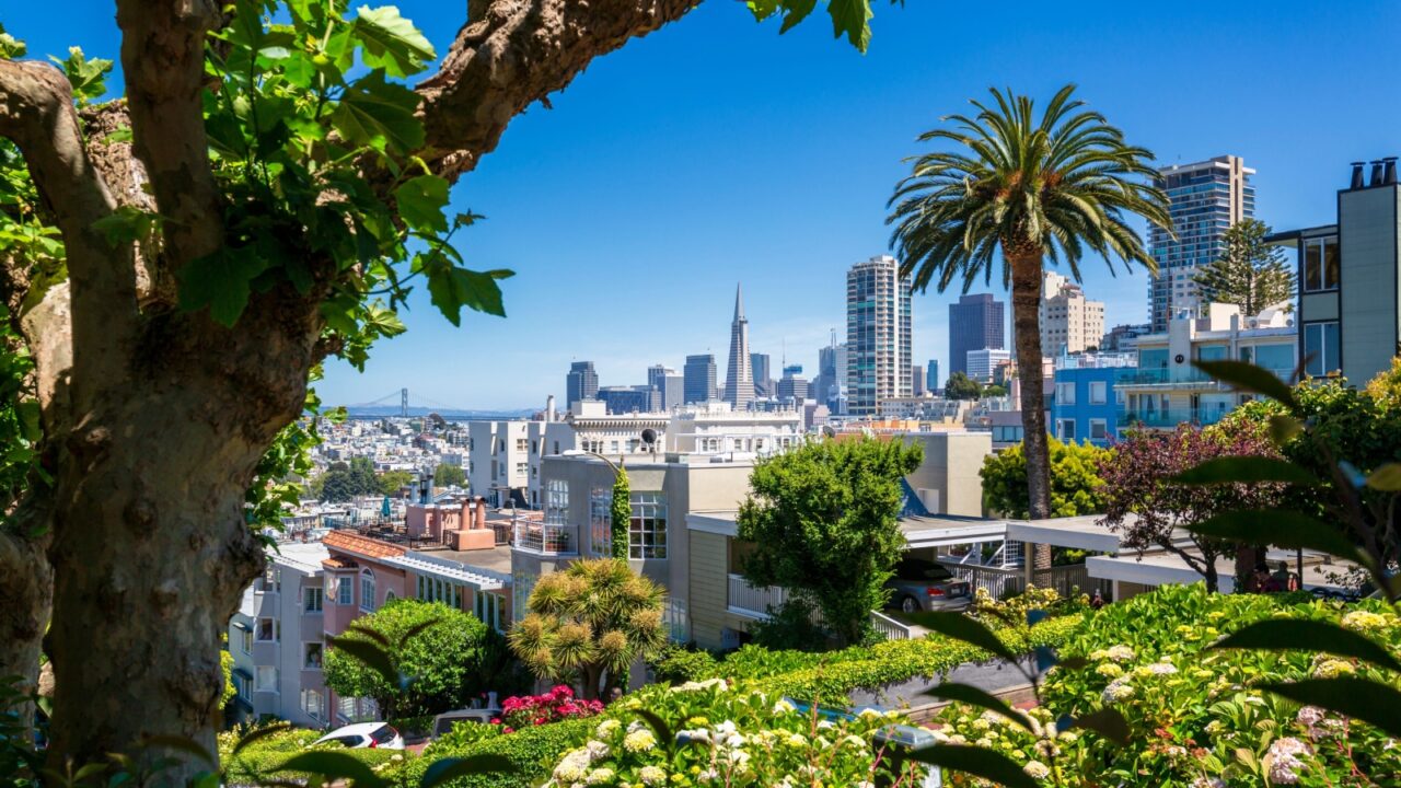 Downtown San Francisco with the Transamerica Pyramid from Lombard Street