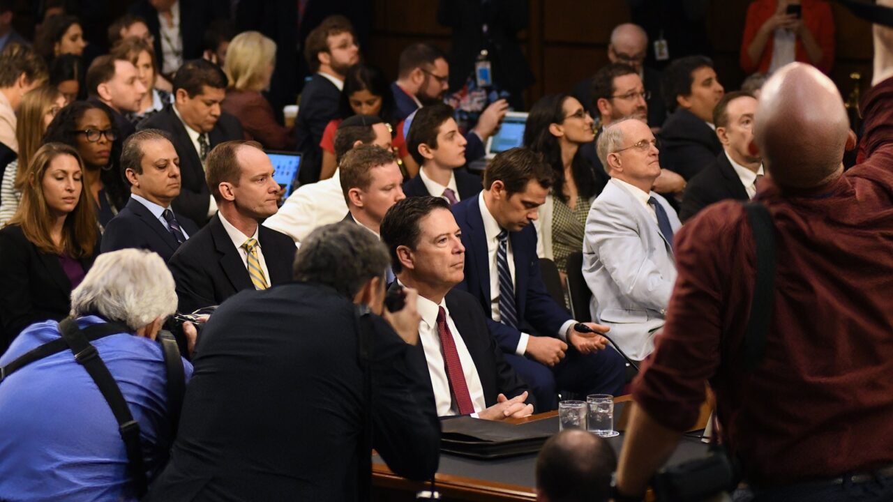 WASHINGTON DC, USA - JUNE 8, 2017 Former FBI Director James Come testifies today in front of the Senate Intelligence committee in room 216 of the Hart Senate office building