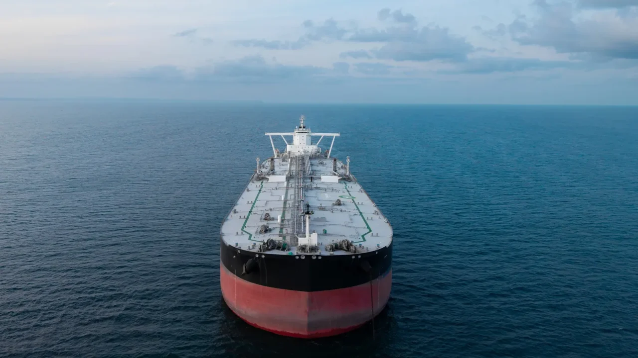 aerial view above a large crude oil product tanker ship