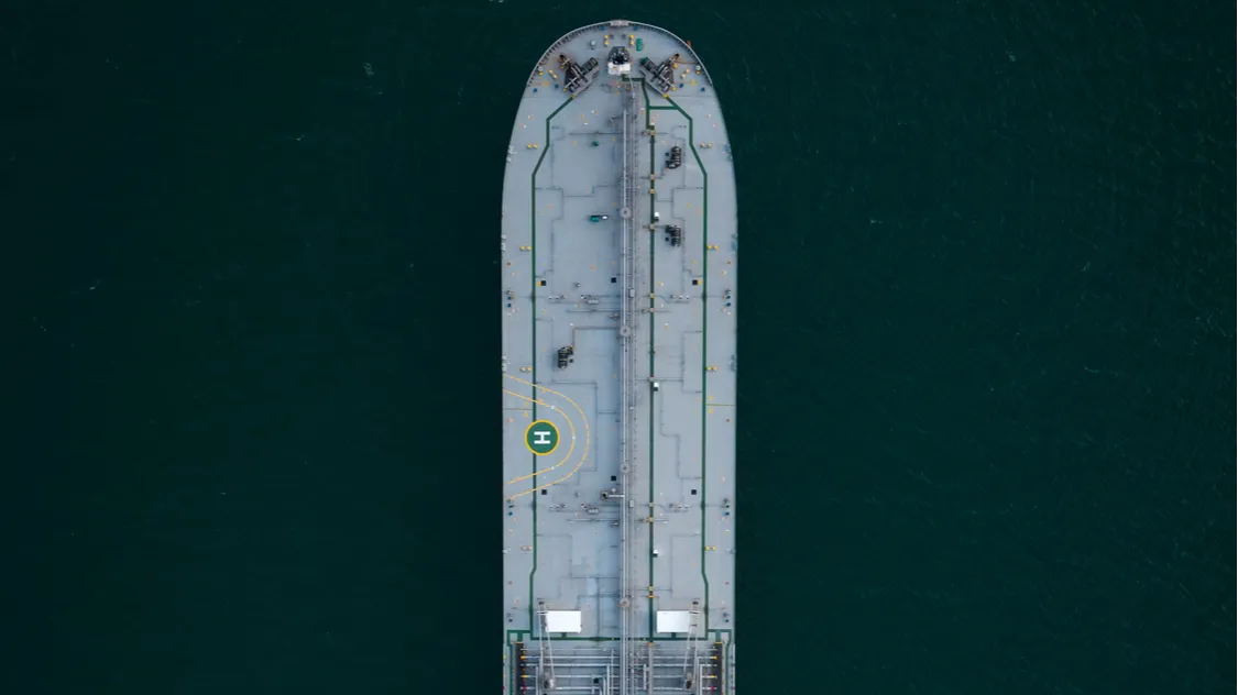 aerial view directly above a large crude oil product tanker