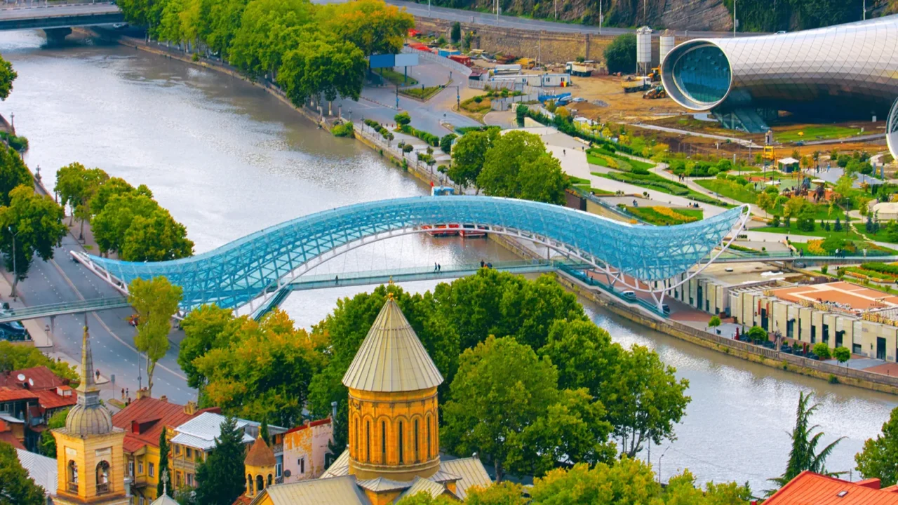 beautiful view of kura river and bridge of peace in