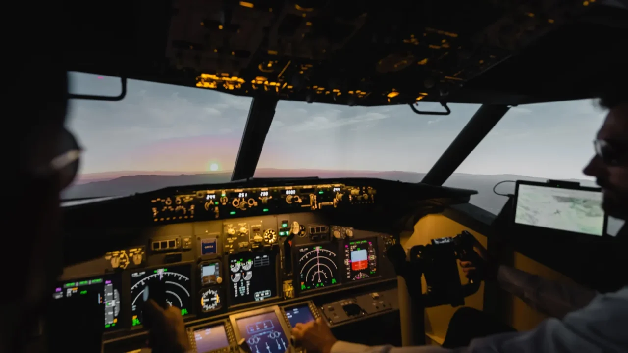 blurred professionals piloting airplane in evening during sunset
