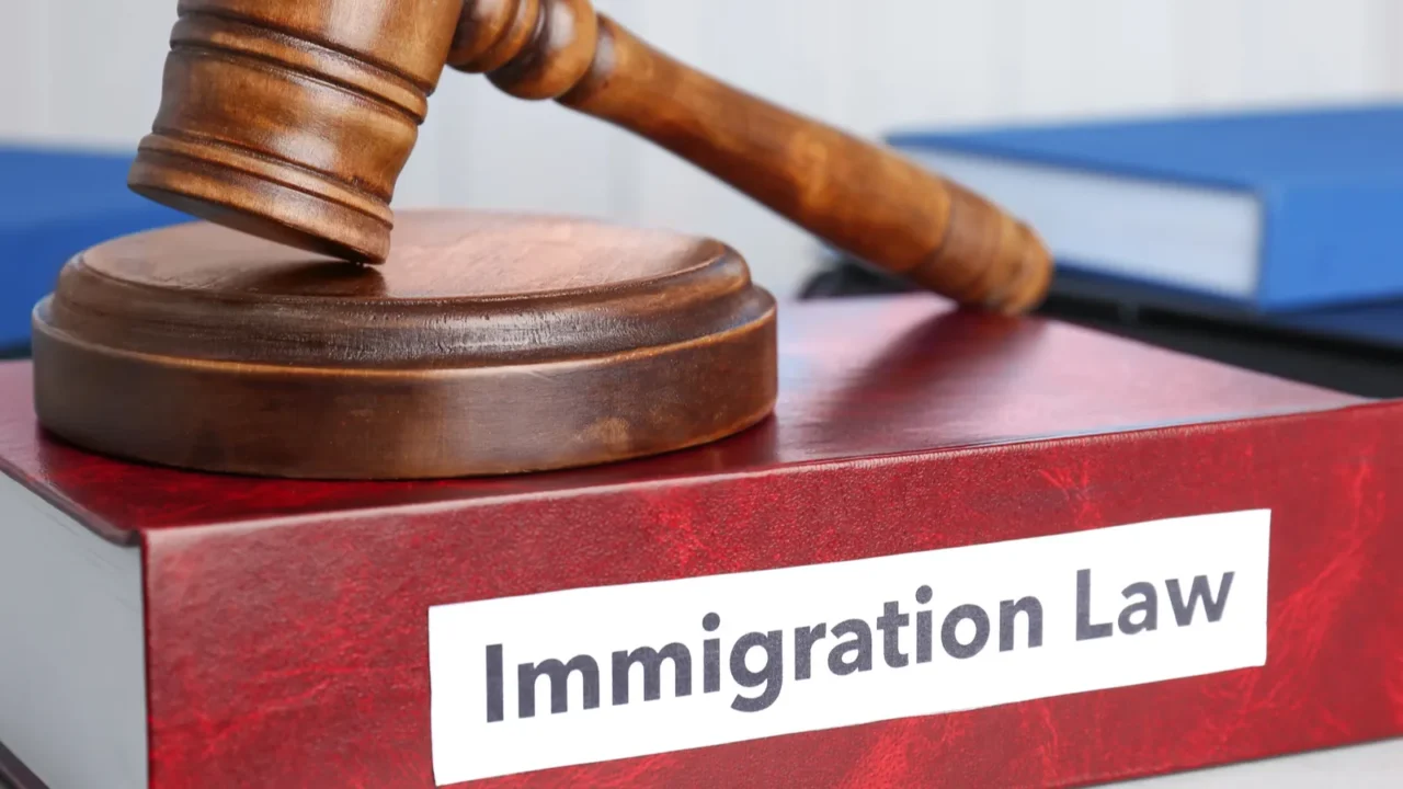 book with words immigration law and gavel on table